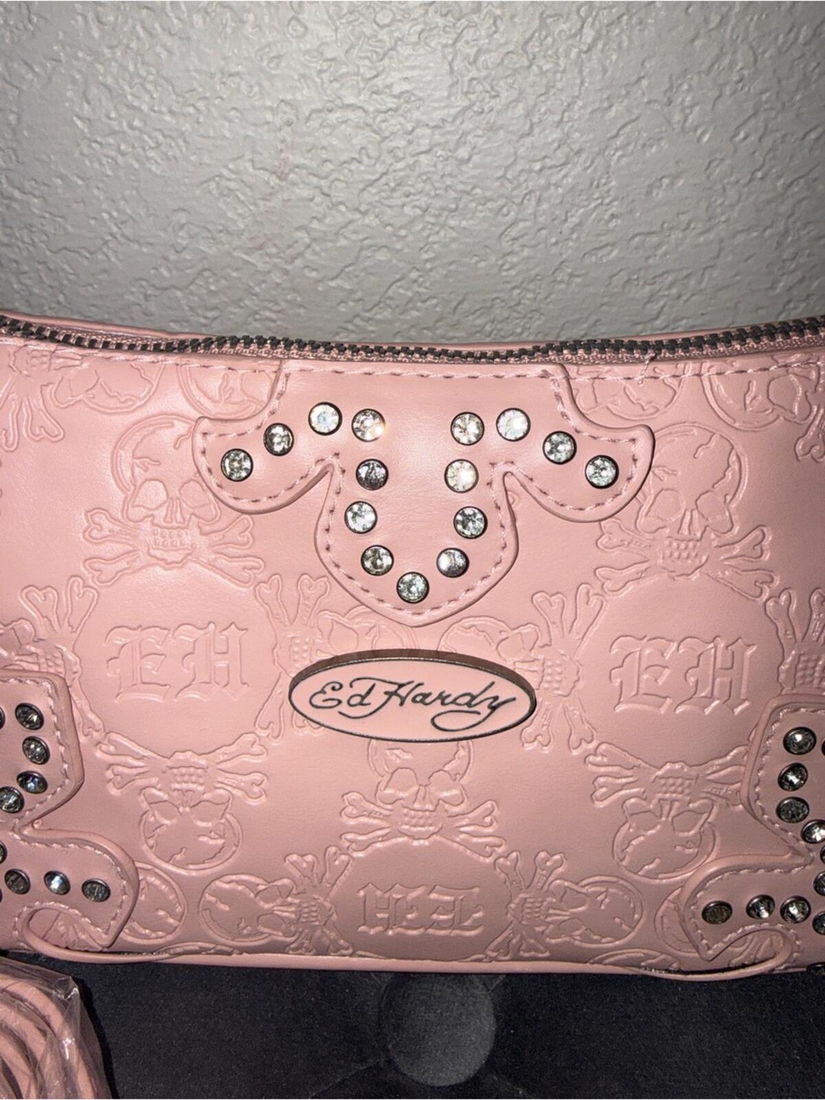 Ed Hardy Pink Embossed Studded Crossbody Bag NWT