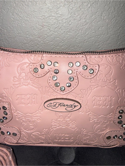 Ed Hardy Pink Embossed Studded Crossbody Bag NWT