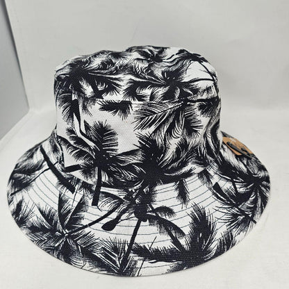 Eldra Reversible Black and White Palm Print Cotton Bucket Hat with Wired Brim