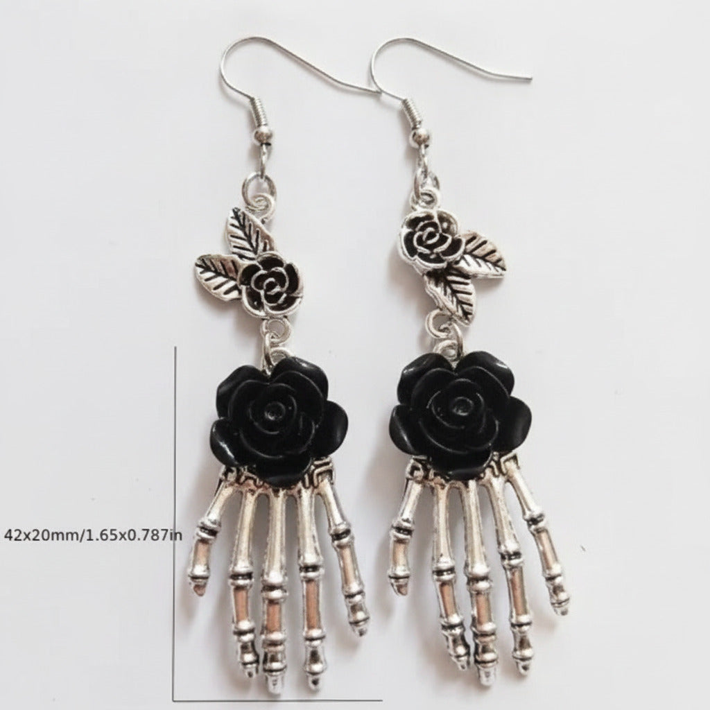 Unique Gothic Skeleton Hand and Black Rose Earrings