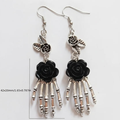 Unique Gothic Skeleton Hand and Black Rose Earrings