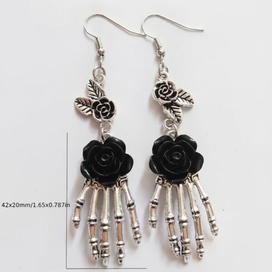 Unique Gothic Skeleton Hand and Black Rose Earrings