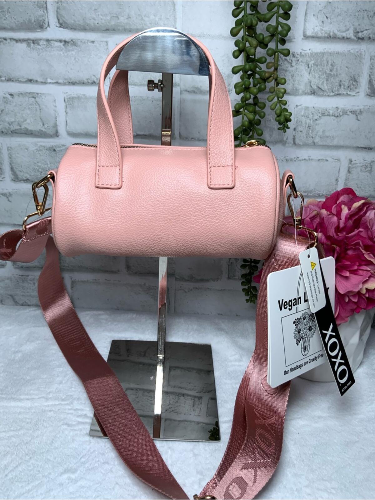 XOXO Pink Vegan Leather Mini Barrel Crossbody Bag with Brown Strap