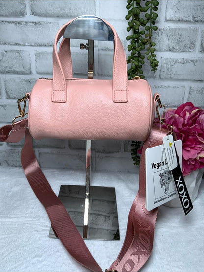 XOXO Pink Vegan Leather Mini Barrel Crossbody Bag with Brown Strap