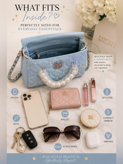 Studio Badgley Mischka Light Blue Vegan Leather Quilted Shoulder Bag with Pearl-
