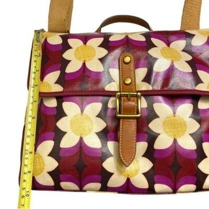Fossil Key-Per Floral Canvas Crossbody Satchel Leather Trim Retro