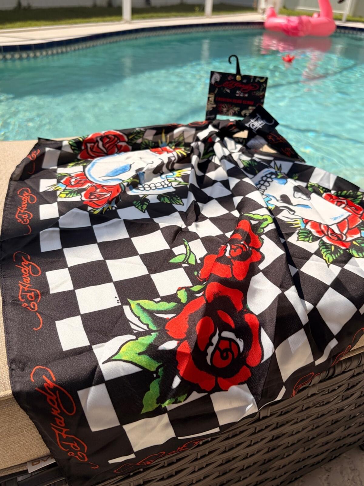 Ed Hardy Checkerboard Skull Rose Head Scarf NWT