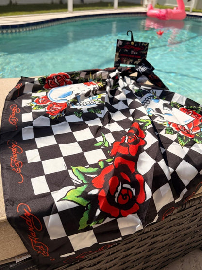 Ed Hardy Checkerboard Skull Rose Head Scarf NWT