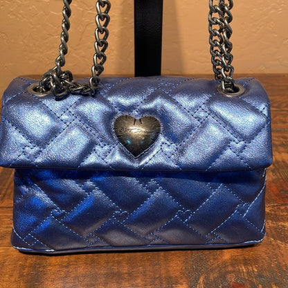 Betsey Johnson Blue Quilted Heart Crossbody Bag with Chain Strap