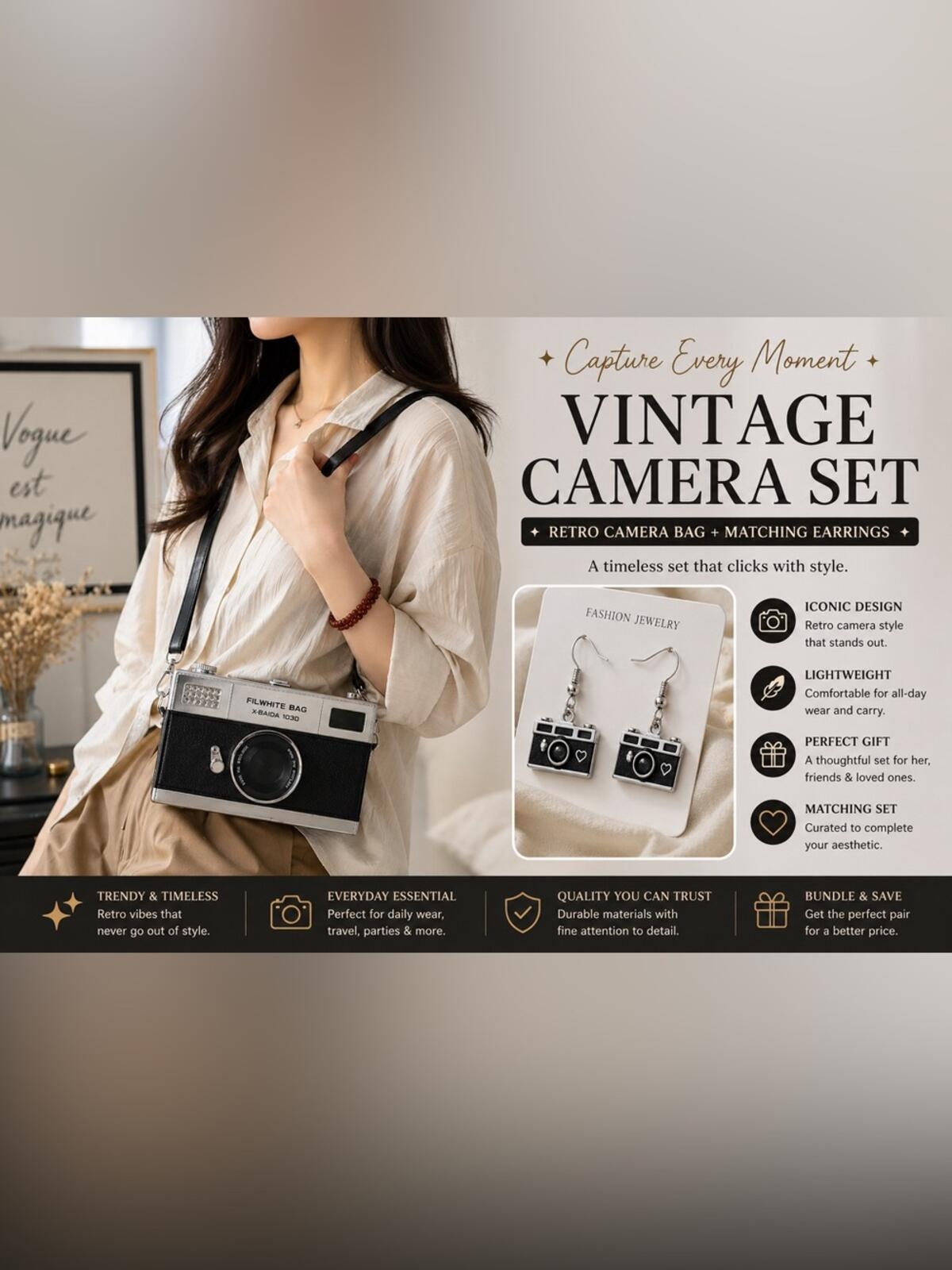Vintage Camera Crossbody Bag + Matching Camera Earrings Retro Y2K
