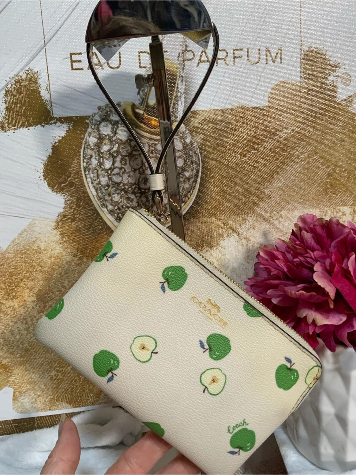 Coach Cream Apple Print Zip Wristlet Wallet