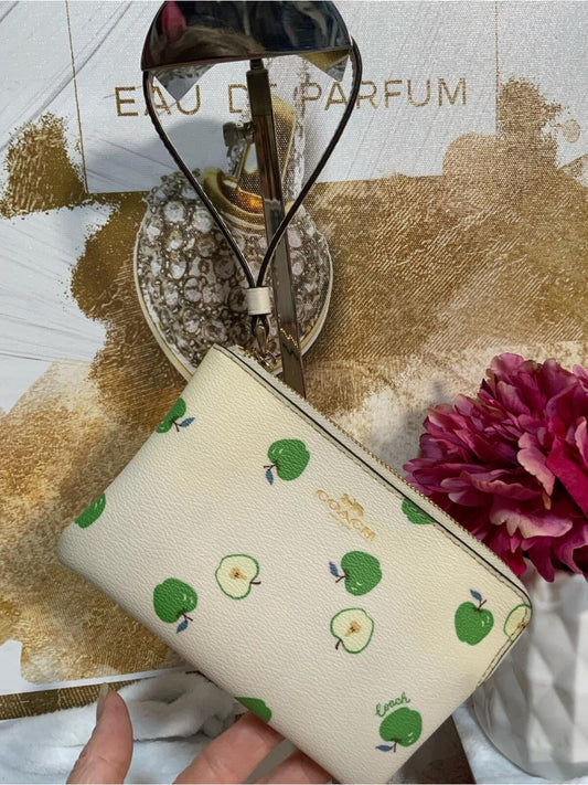 Coach Cream Apple Print Zip Wristlet Wallet