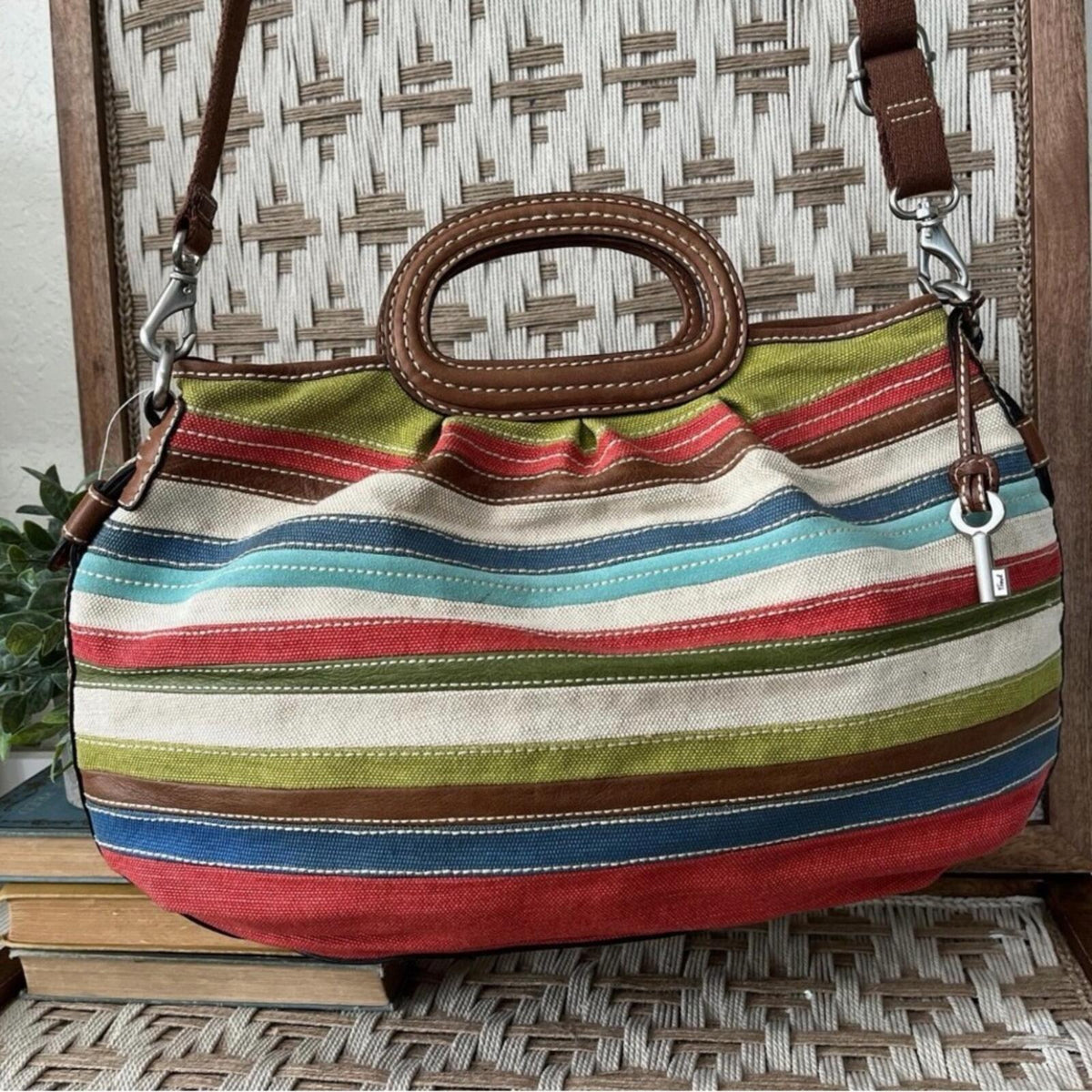 Fossil Canvas Leather Satchel Crossbody w/ Key Charm Like New
