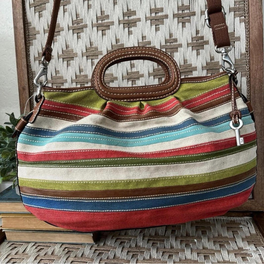 Fossil Canvas Leather Satchel Crossbody w/ Key Charm Like New