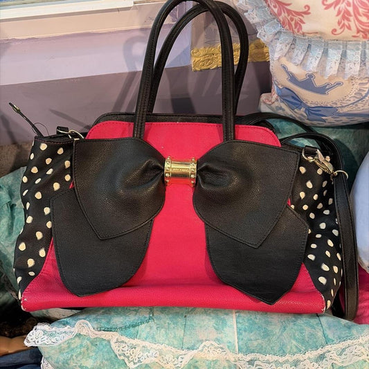 Betsey Johnson Black and Pink Bow Accent Polka Dot Handbag
