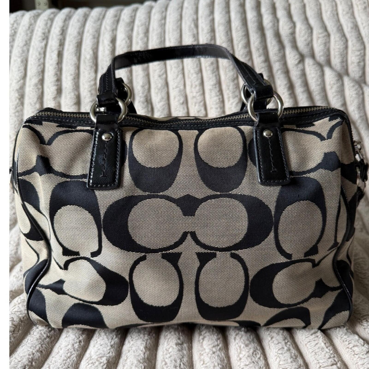 Coach Signature Stripe Satchel Bag Black Khaki Canvas Patent Leather F25526