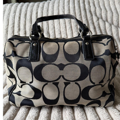 Coach Signature Stripe Satchel Bag Black Khaki Canvas Patent Leather F25526