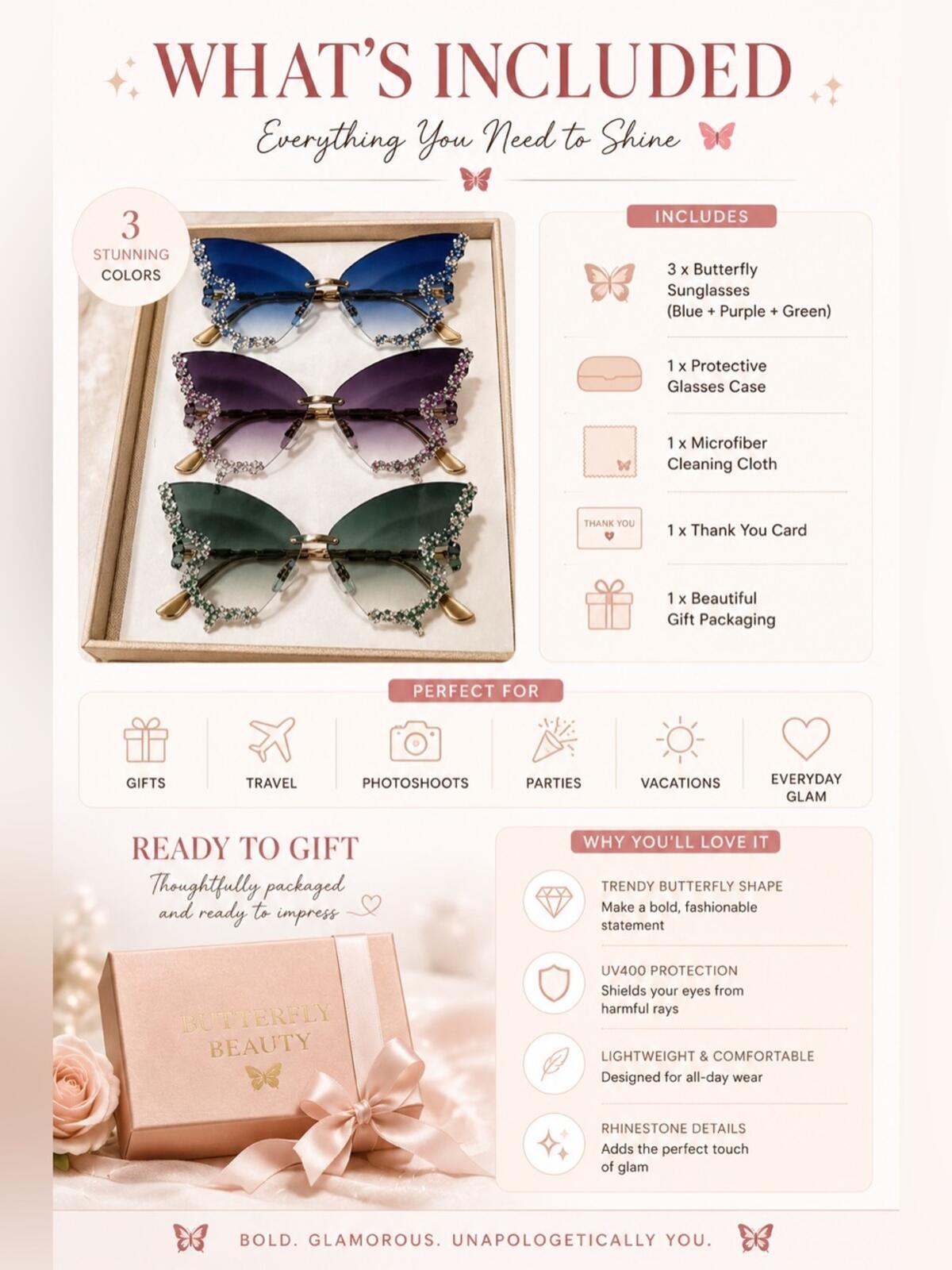 Sanrio rose Ombre Butterfly Rhinestone Sunglasses