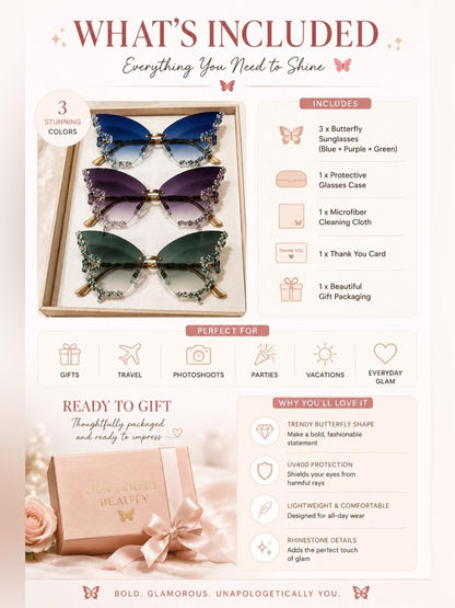 Sanrio rose Ombre Butterfly Rhinestone Sunglasses