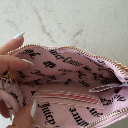 Juicy Couture Pink and Red Heart Print Mini Shoulder Bag with Gold Chain