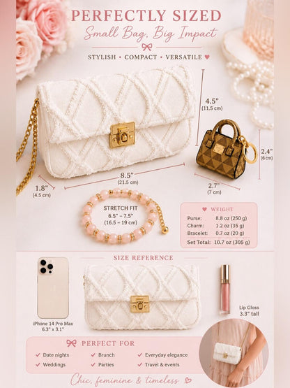 Coquette White Purse Bundle Crossbody Clutch Charm Bracelet NWOT