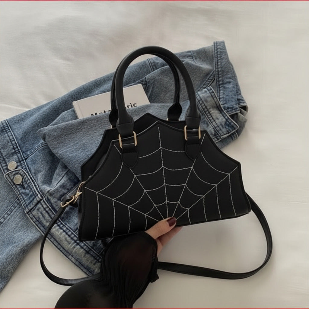 Black Spider Web Pattern Handbag with Detachable Strap - Casual Streetwear Purse