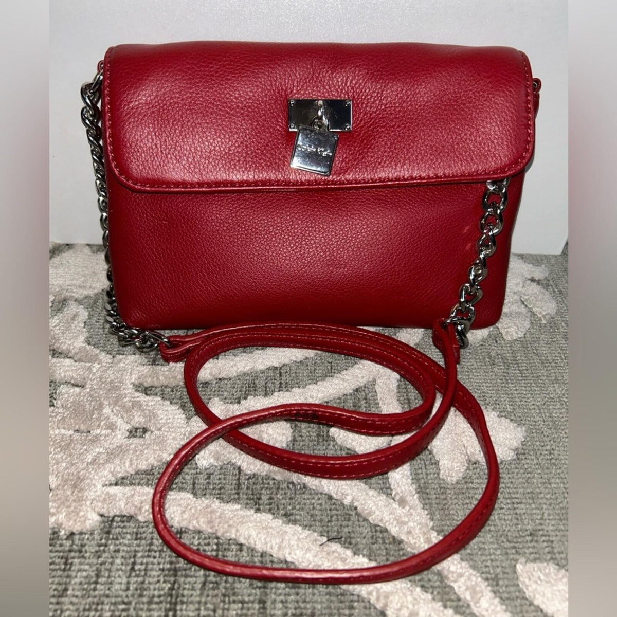 Calvin Klein Red Textured Crossbody Bag with Chain Strap