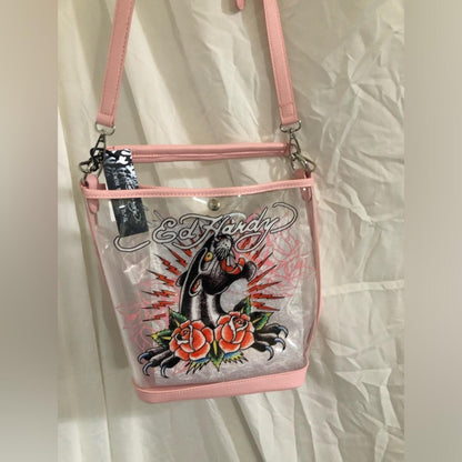 Ed Hardy Clear PVC Bucket Bag Panther Roses NWT