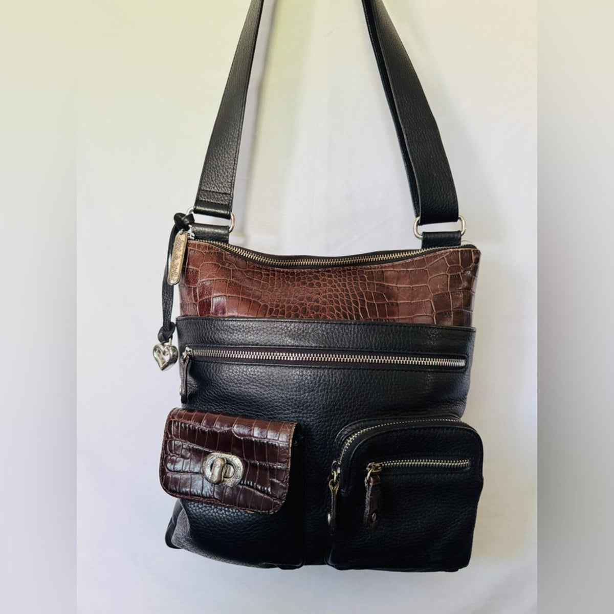Brighton Large Black and Brown Leather Croc Embossed Crossbody Messenger Bag