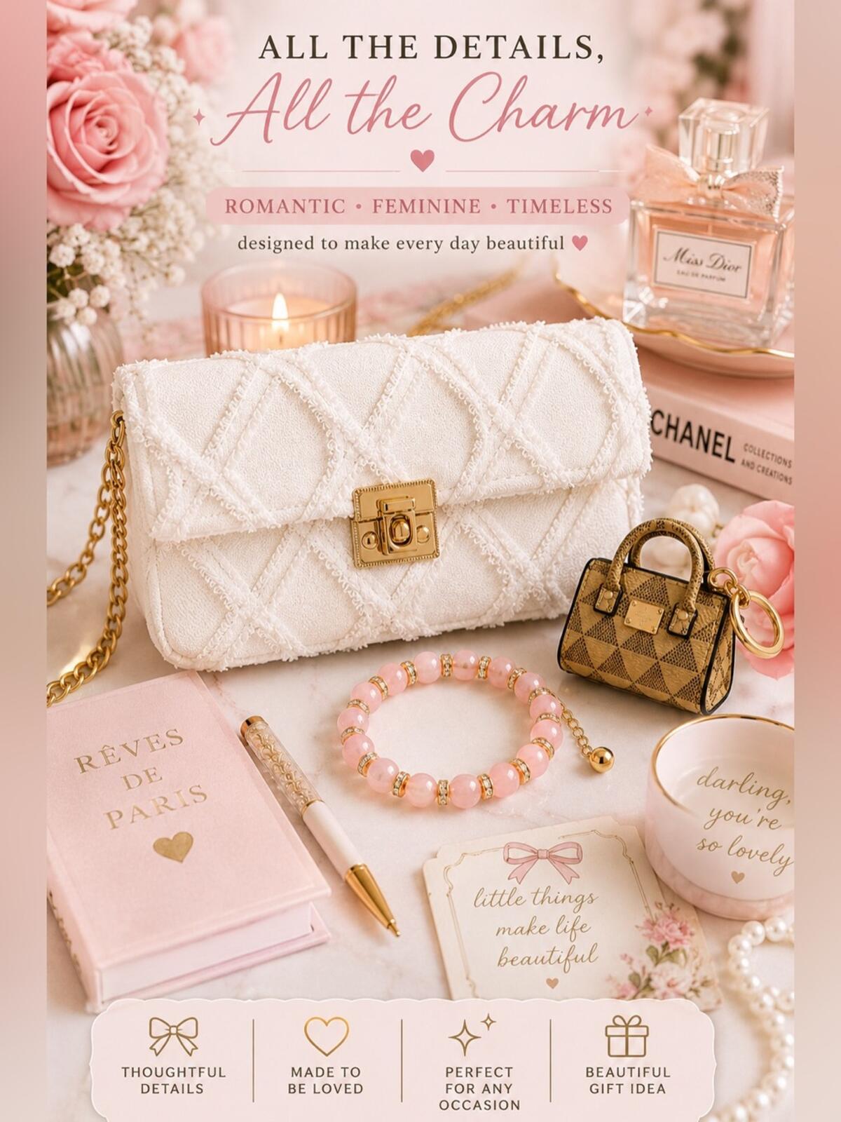 Coquette White Purse Bundle Crossbody Clutch Charm Bracelet NWOT