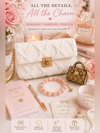 Coquette White Purse Bundle Crossbody Clutch Charm Bracelet NWOT