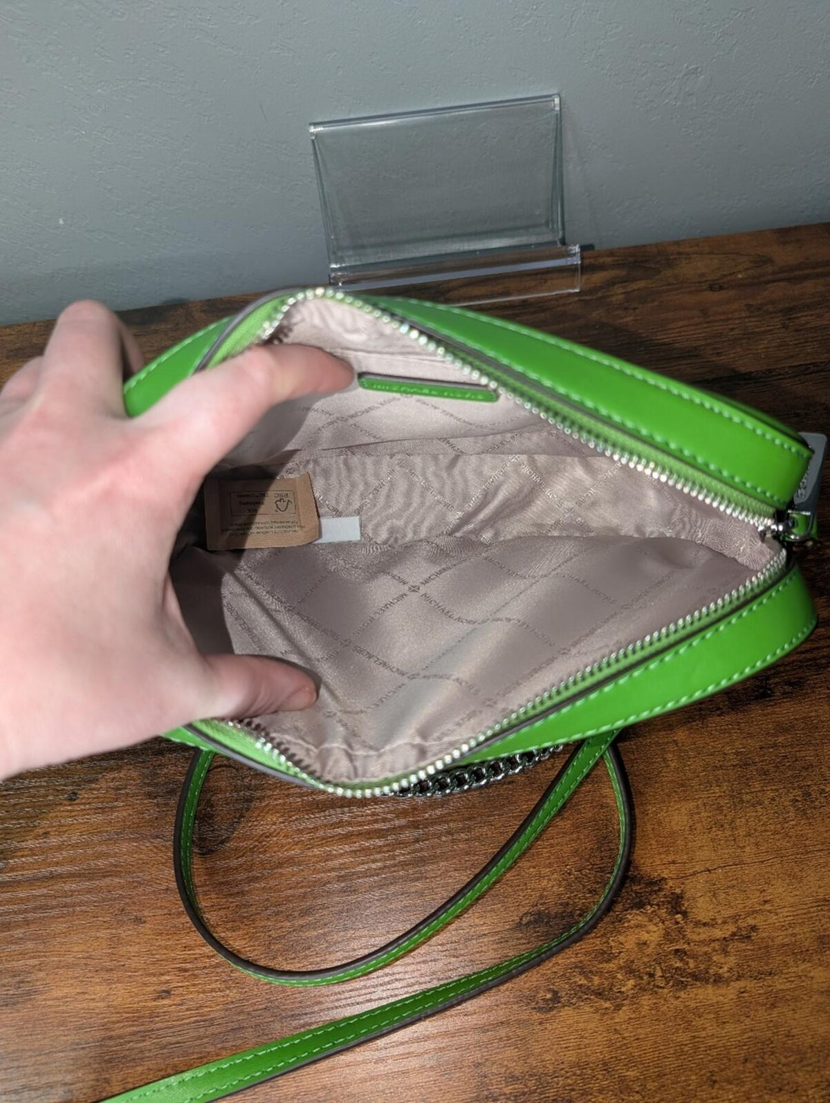 Michael Kors Green Monogram Crossbody Camera Bag with Silver Chain