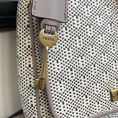 Fossil Canvas Leather Crossbody Satchel Key Charm Cream Tan