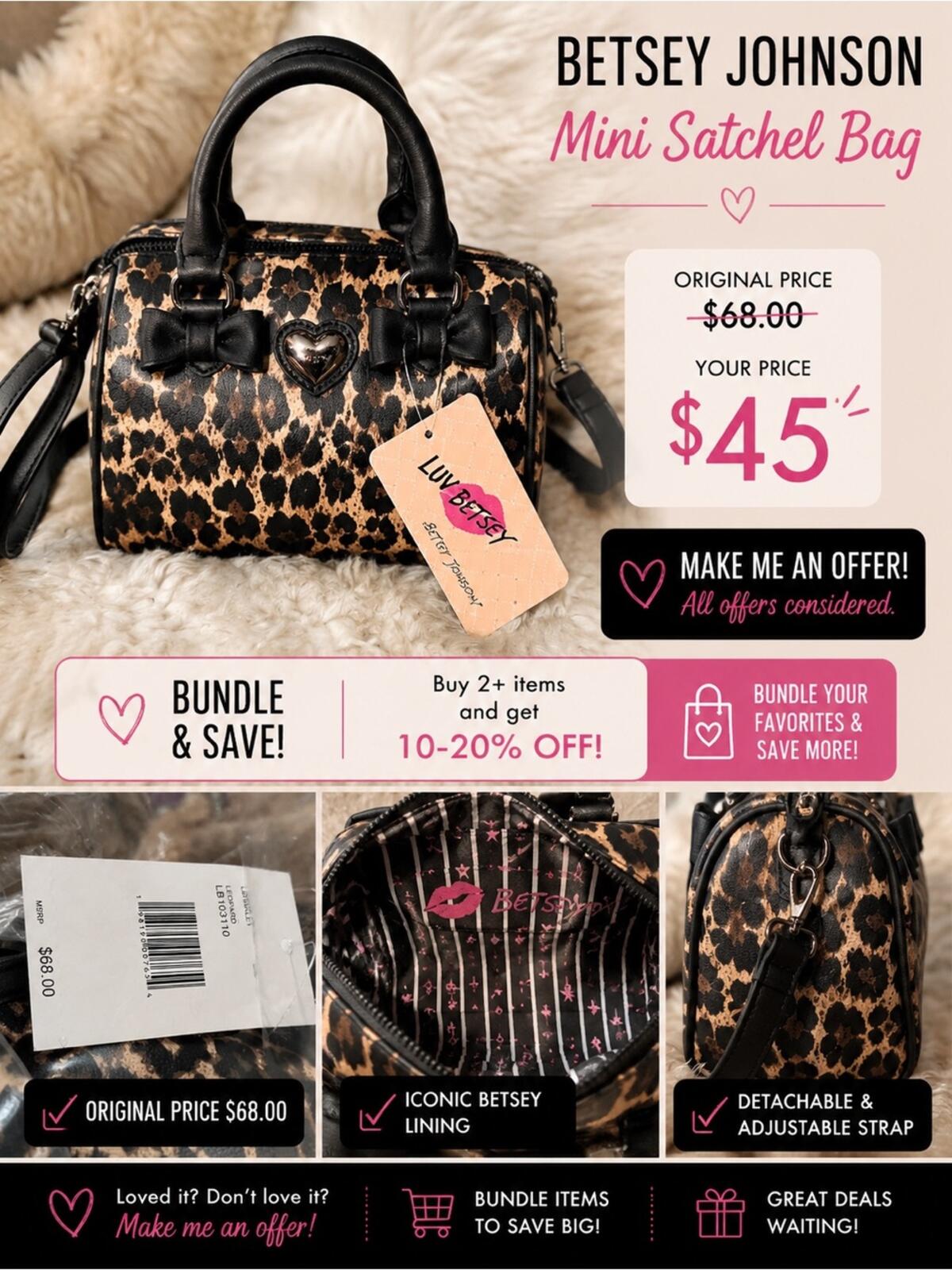 NWT Betsey Johnson Luv Betsey Leopard Mini Satchel Crossbody Bow Heart Bag