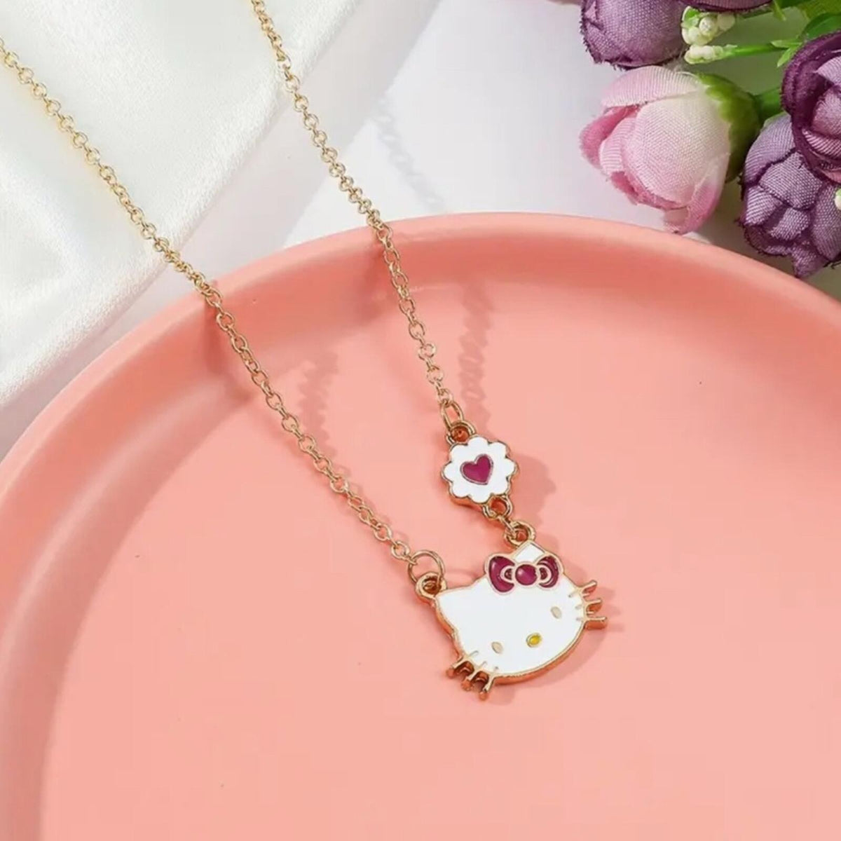 Hello Kitty Gold Tone Necklace with Pink Heart Charm - New with Tags