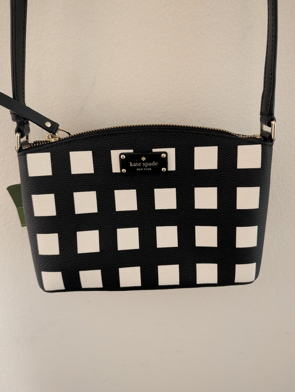 Kate Spade Black Millie White Checkered Crossbody Bag Heart Charm NWOT