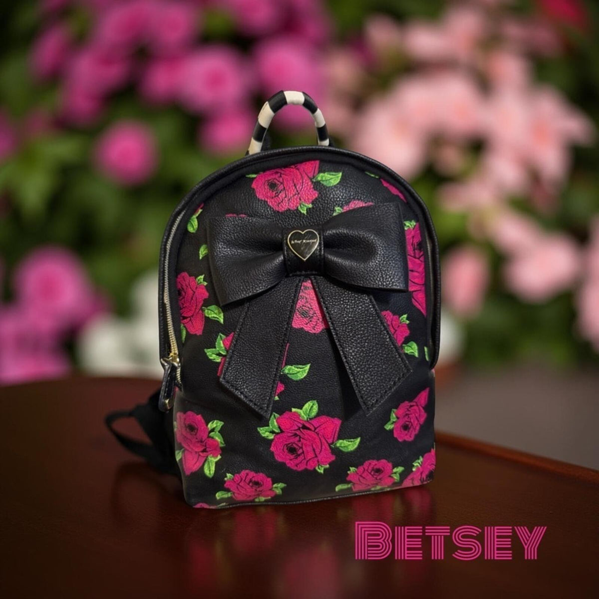 BETSEY JOHNSON hot pink & black moody dark rose FLORAL BACKPACK adorable.❤️