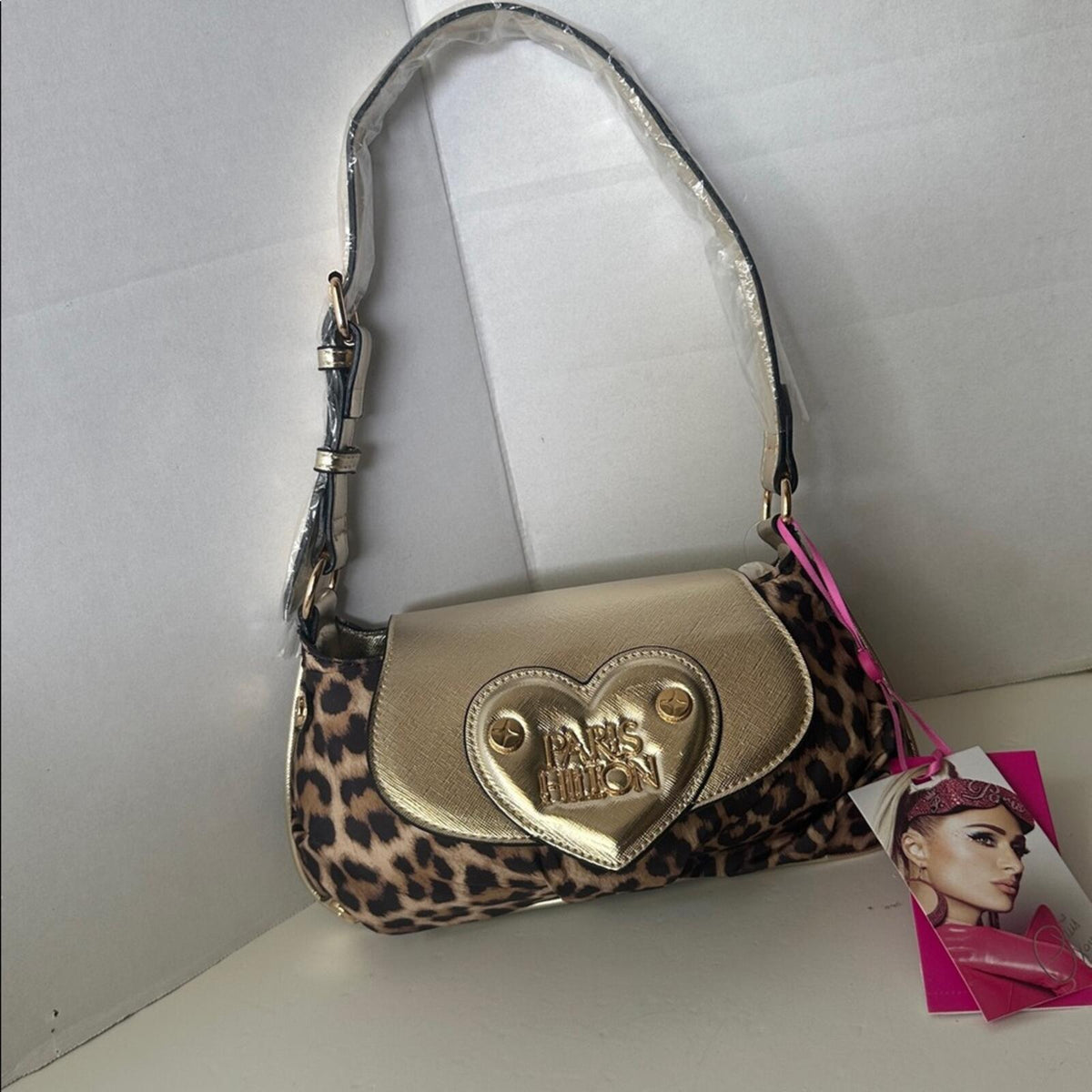 Paris Hilton New With Tags Leopard Print Gold Heart Baguette Shoulder Bag