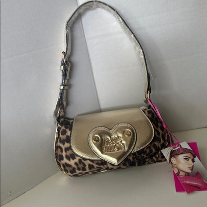 Paris Hilton New With Tags Leopard Print Gold Heart Baguette Shoulder Bag