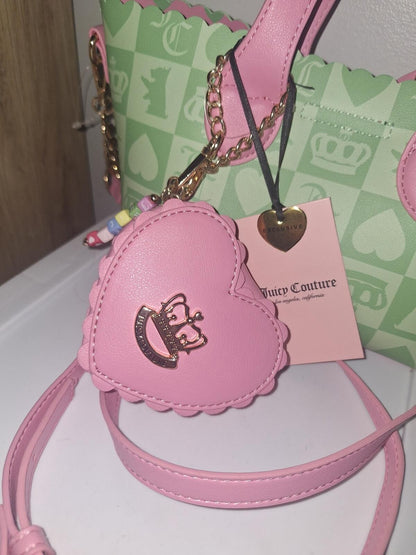 Juicy Couture Sweet Break Time Green Pink Checkerboard Tote Heart Charm