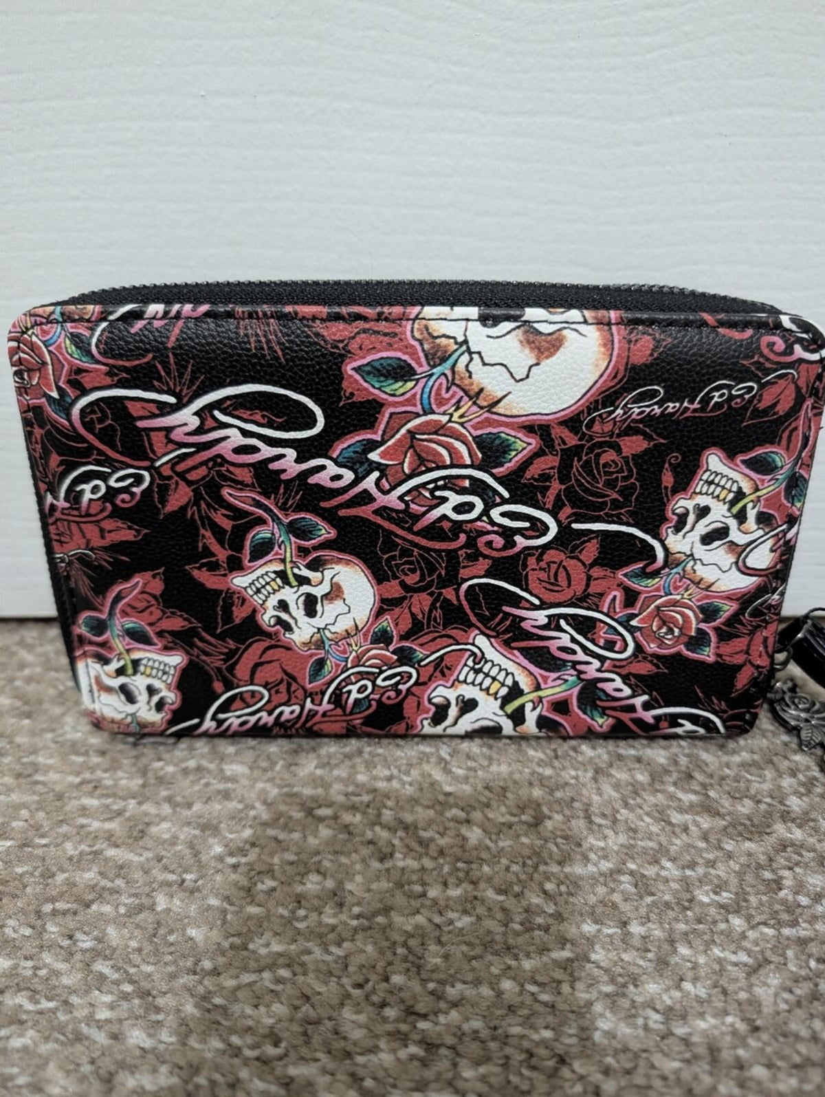 NWT Ed Hardy Black Wallet with Red Floral & Skull Print