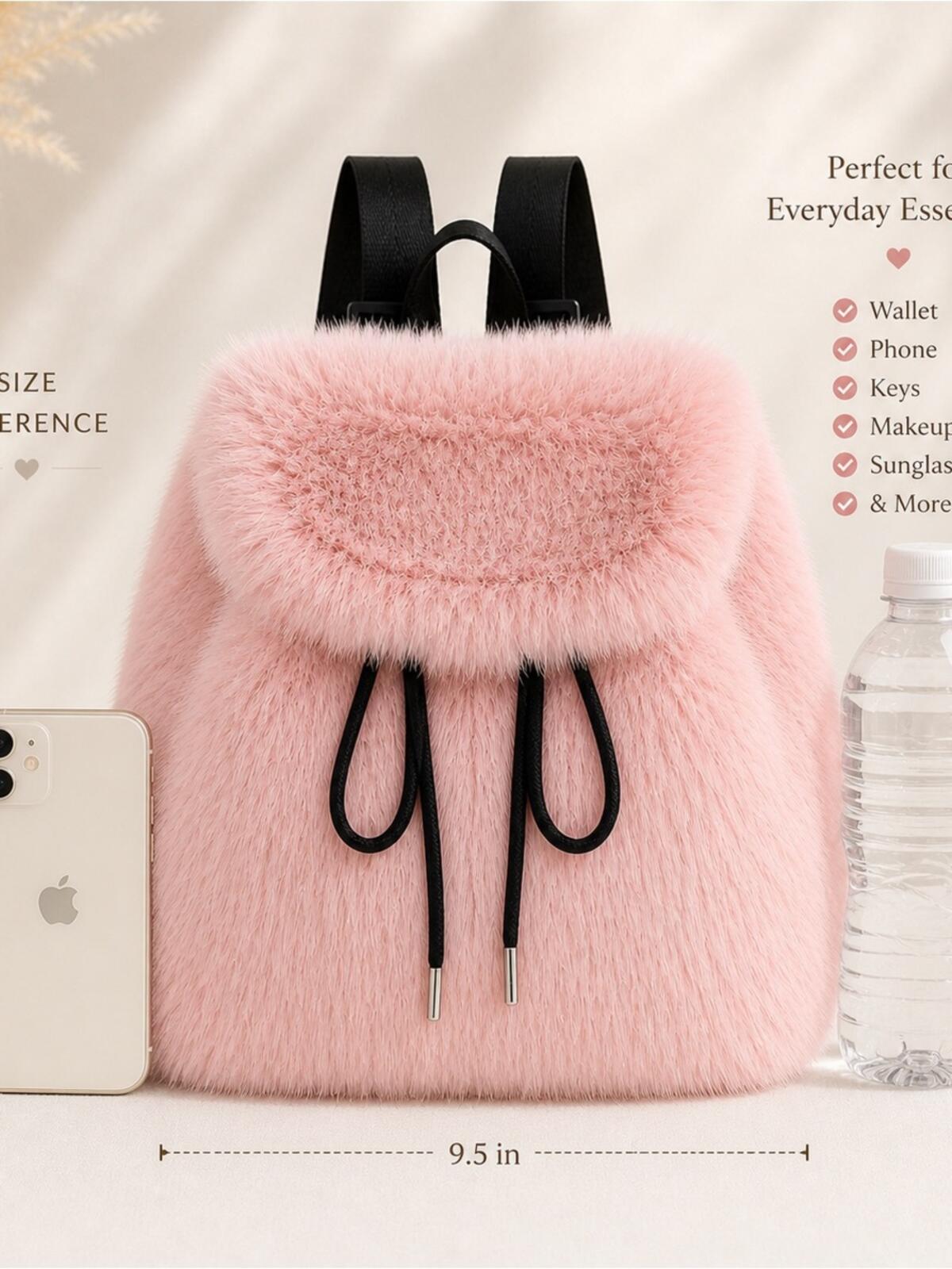 Blush Pink Faux Fur Backpack | Soft Plush Mini Bag | Trendy Drawstring Purse