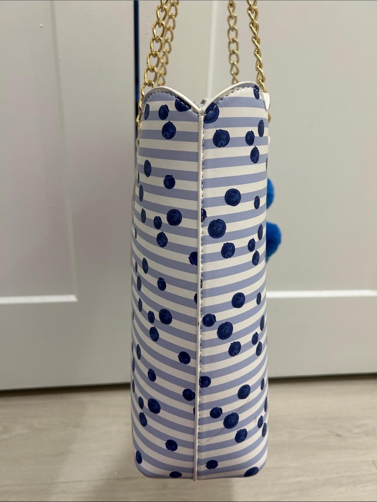 Betsey Johnson Blue Polka Dot and Stripe Scalloped Tote Bag with Pom Pom Charm