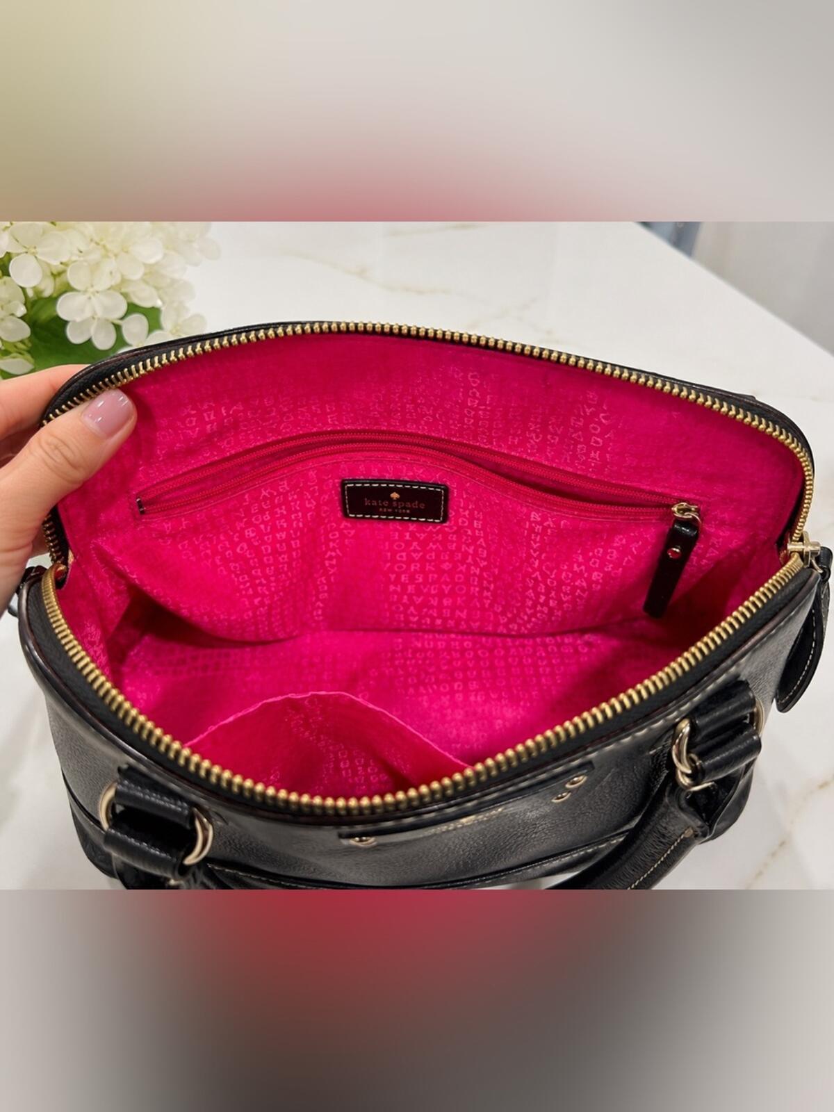 Kate Spade Wellesley Rachelle Pebbled Leather Satchel Bag Black Pink Lining