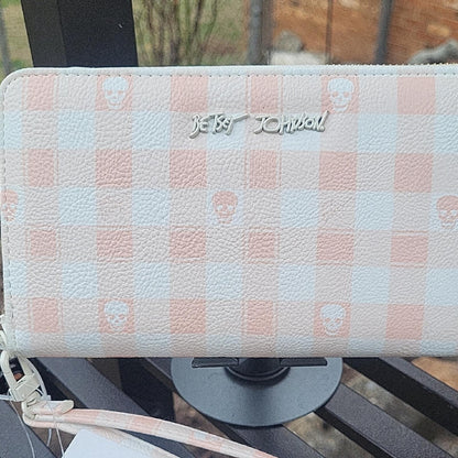 Betsey Johnson Pink and White Gingham Check Zip-Around Wristlet Wallet nwt