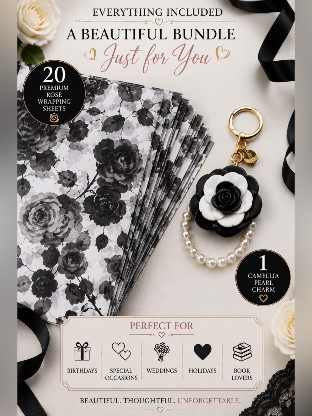 Dark Romance Gift Wrap Bundle 20 Rose Sheets Purse Charm Keychain