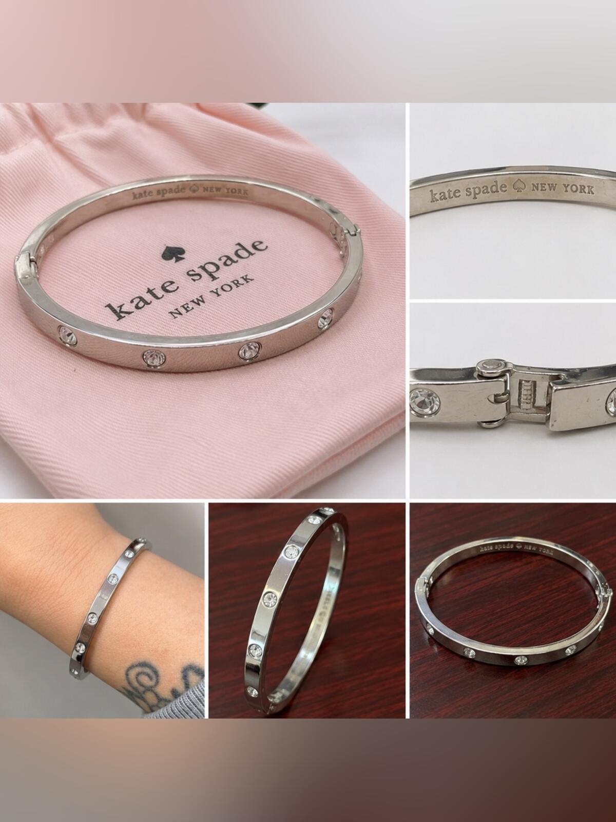 Kate Spade Set In Stone Silver Tone Crystal Hinged Bangle Bracelet