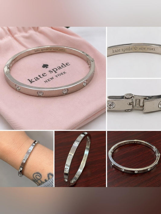 Kate Spade Set In Stone Silver Tone Crystal Hinged Bangle Bracelet