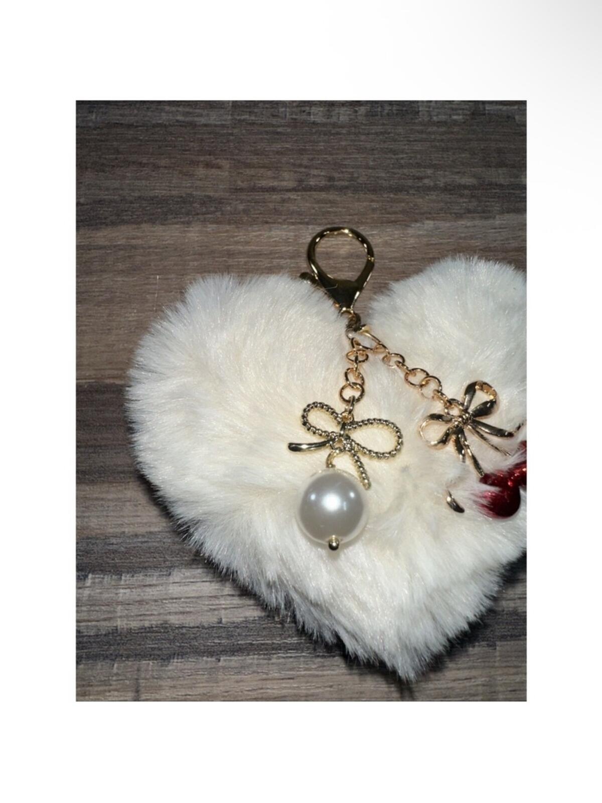 White Faux Fur Heart Keychain Charm with Bow and Cherry Accents