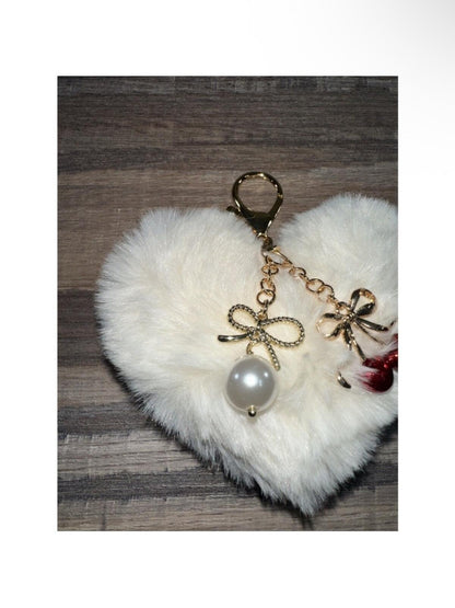 White Faux Fur Heart Keychain Charm with Bow and Cherry Accents